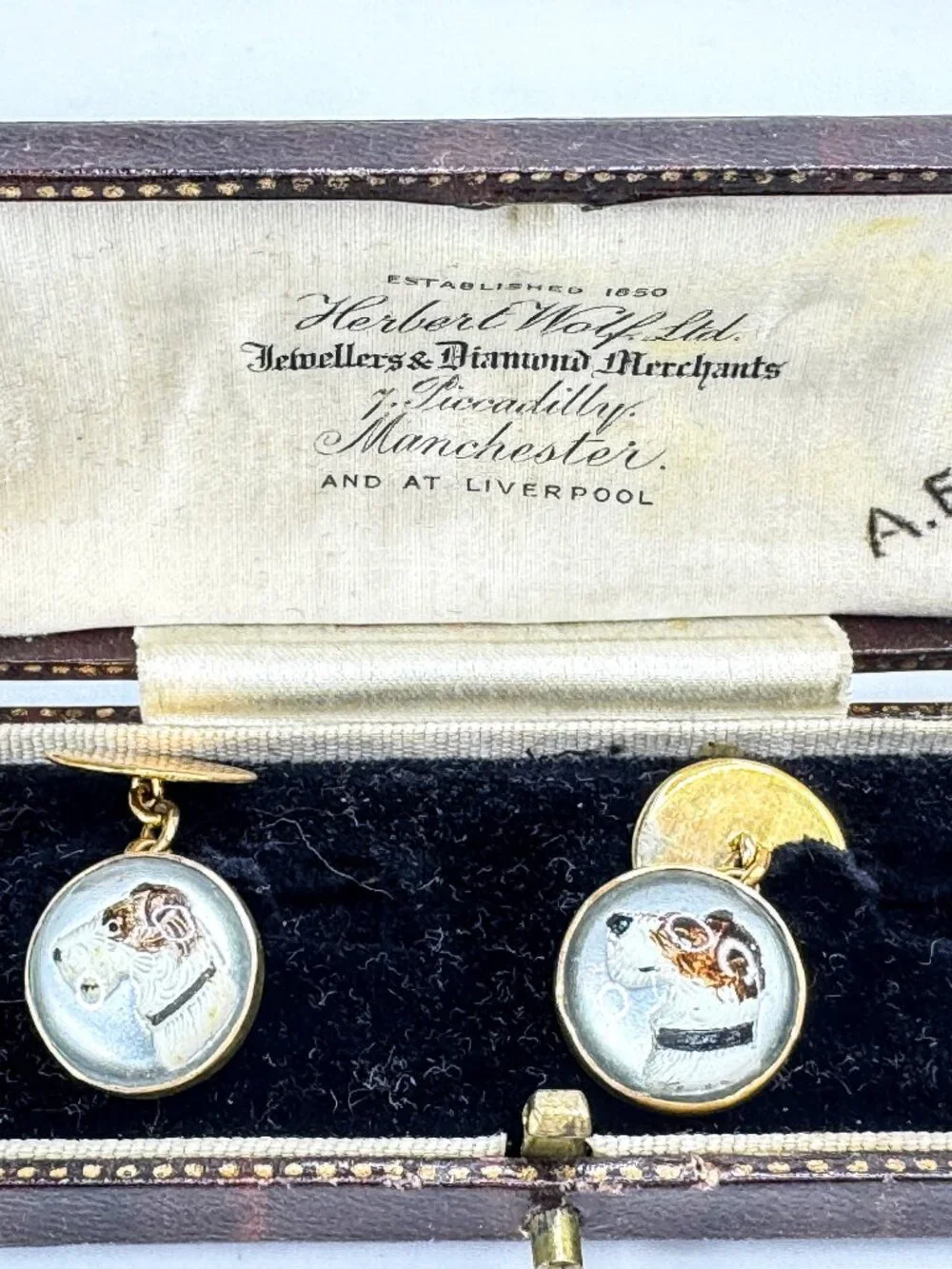 Vintage Art Deco reverse crystal fox hunting dog 9ct gold cufflinks SS475